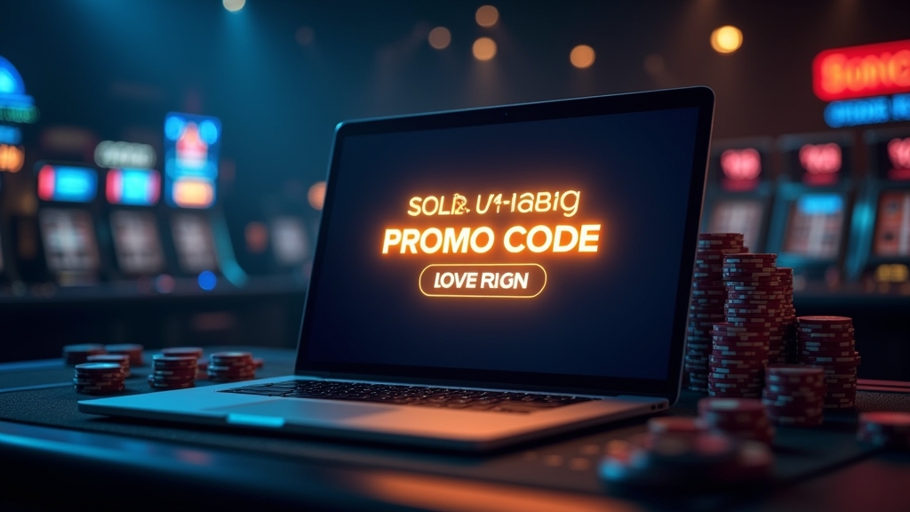 Glowing promo code banner with chips and slot reels in a dark casino setting