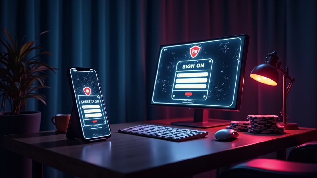 Desktop monitor and smartphone showing a secure casino login form in a dark room