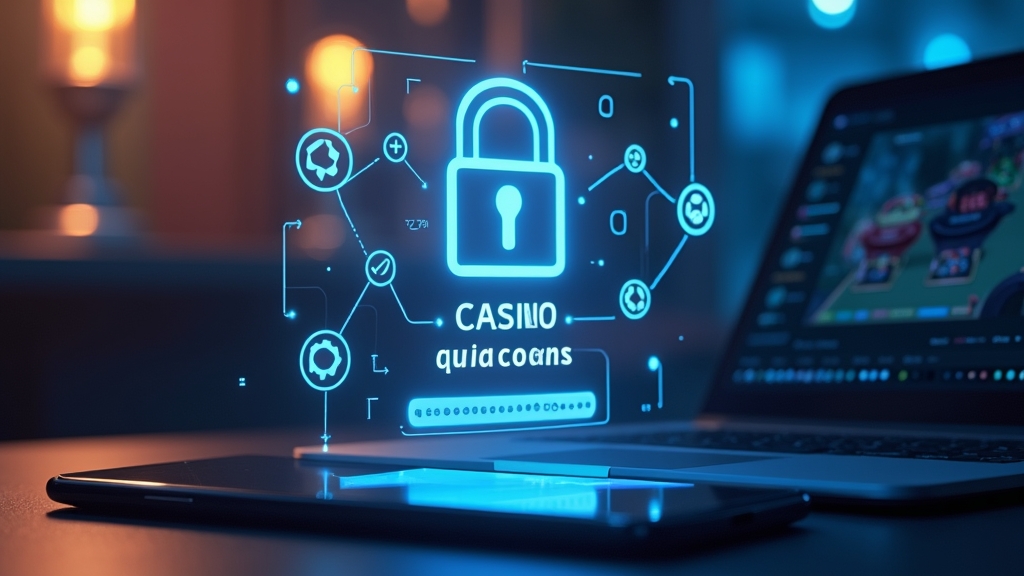 Padlock over a casino login screen beside a laptop and phone