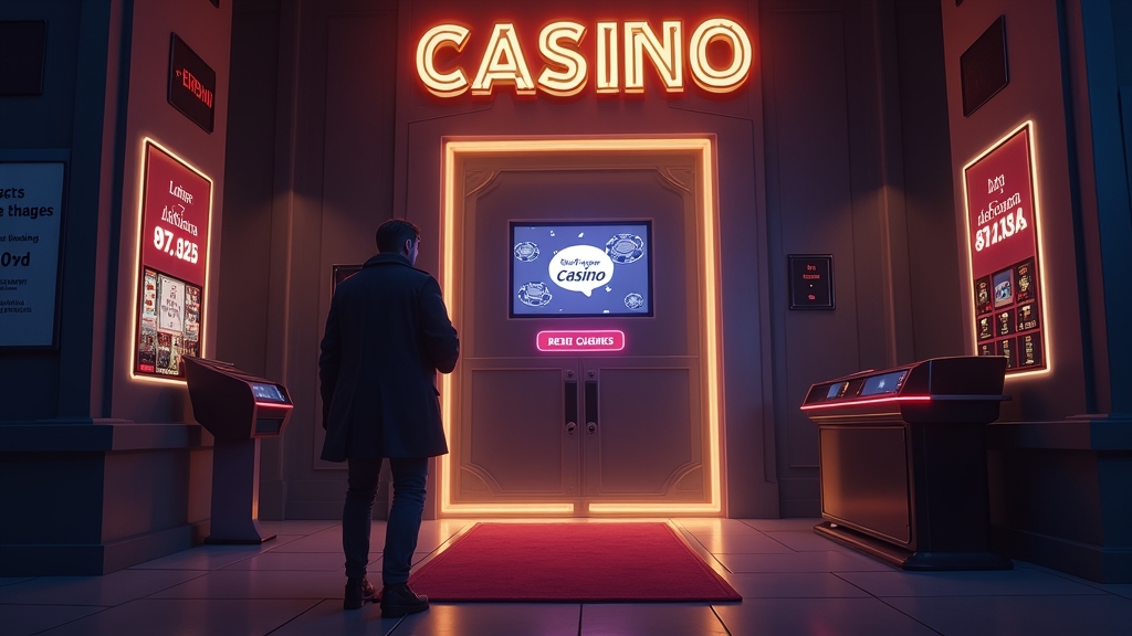 New player approaching a bright casino register and join screen