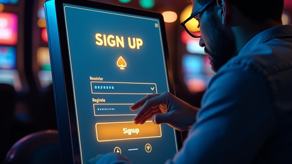 Player completing a casino sign-up form in a neon-lit lounge