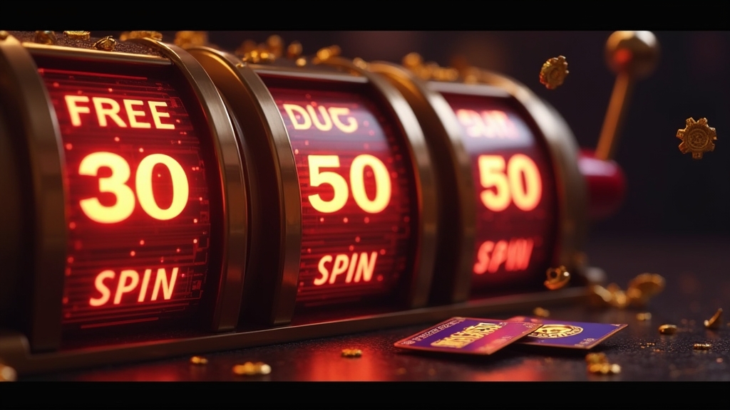 Slot reels with 30 and 50 free spin counters beside a promo code card