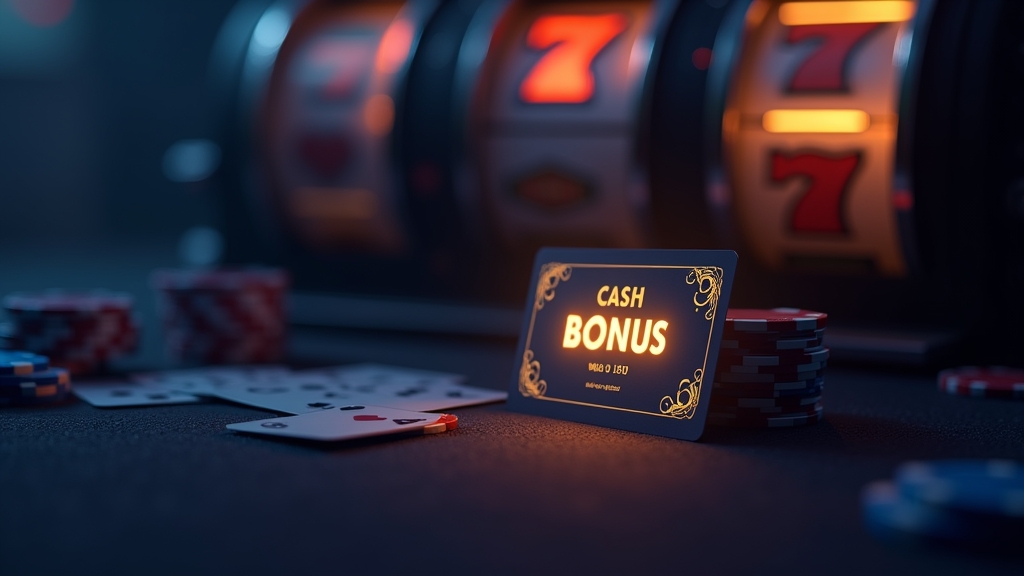 Small bonus card and chips on a casino desk with slot reels in the background